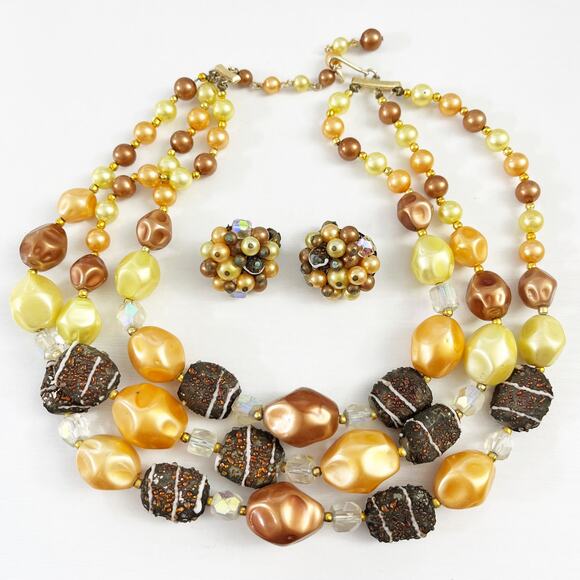 Vintage JAPAN 3-Strand Gold Chunky Bead Necklace & Earring Set - Picture 1 of 9